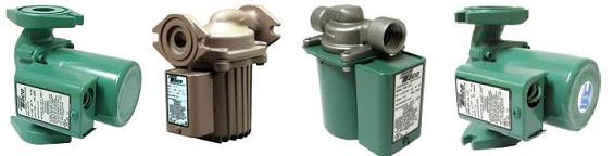 Various Taco circulator pumps with different body materials and connection types