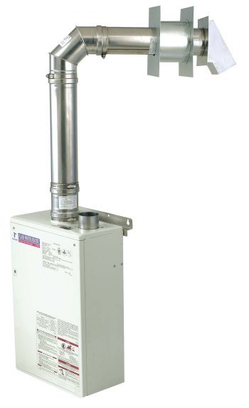 Horizontal wall vent kit installed for Takagi tankless water heater with in-room air intake