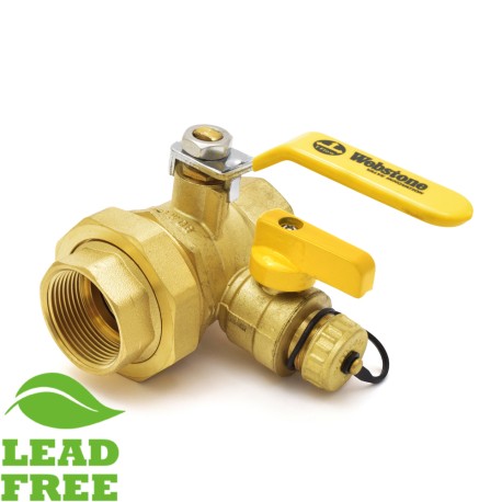 Webstone Valves 1-1/4" NPT Threaded Union Brass Ball Valve w/ Hose Drain, Full Port (Lead-Free)