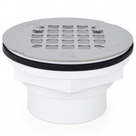 2" Hub, Solvent Weld PVC Shower Base/Module Drain w/ Snap-in Strainer, Locknut Style Oatey