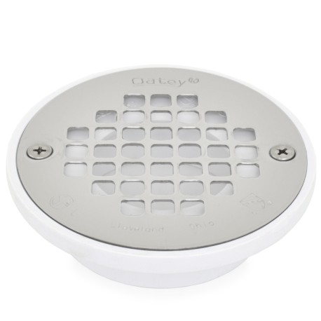 Oatey Ultra-Low Profile PVC Floor Drain w/ Round St. Steel Strainer, 2" Hub x 3" Inside Fit