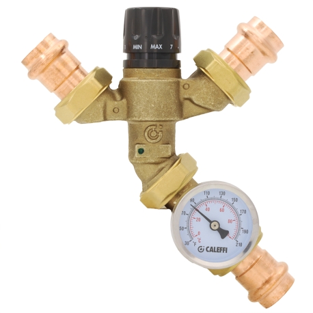 Caleffi 3/4" Press Union, AngleMix Angle Mixing Valve (Lead-Free) w/ Temperature Gauge, 95-150F