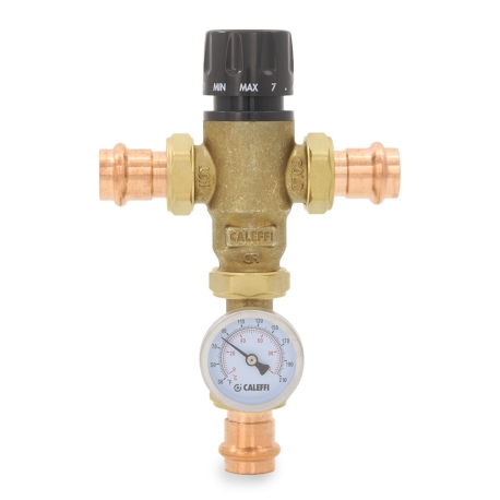 Caleffi 3/4" Press Union, MixCal Mixing Valve (Lead-Free) w/ Temperature Gauge, 85-150F
