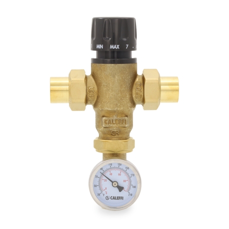 Caleffi 3/4" Sweat Union, MixCal Adjustable Mixing Valve (Lead-Free) w/ Temperature Gauge, 85-150F