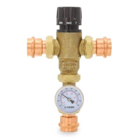 Caleffi 1" Press Union, MixCal Mixing Valve (Lead-Free) w/ Temperature Gauge, 85-150F