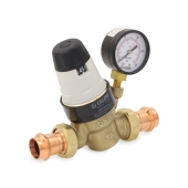 Caleffi 3/4" Press Union, PresCal Pressure Reducing Valve w/ Gauge, 15-90 psi (Lead-Free) - Image 1