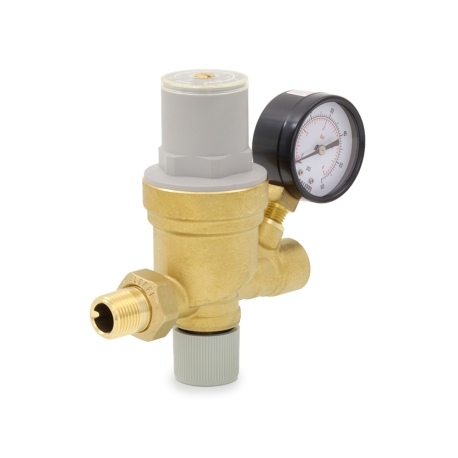 Caleffi 1/2" MNPT Union x FNPT, AutoFill Pressure Reducing Boiler Fill Valve w/ Pressure Gauge
