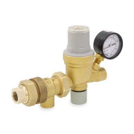 Caleffi 1/2" FNPT Union x FNPT, AutoFill Boiler Pressure Reducing & Backflow Preventer Valve Combo w/ Pressure Gauge