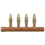 4-port Copper Manifold with 1/2" PEX Valves, 1" F x M Sweat