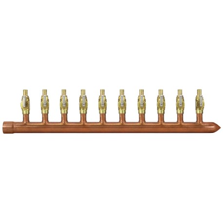 Sioux Chief 10-port Copper Manifold with 1/2" PEX Valves, 1" Sweat, Closed, Right-Hand