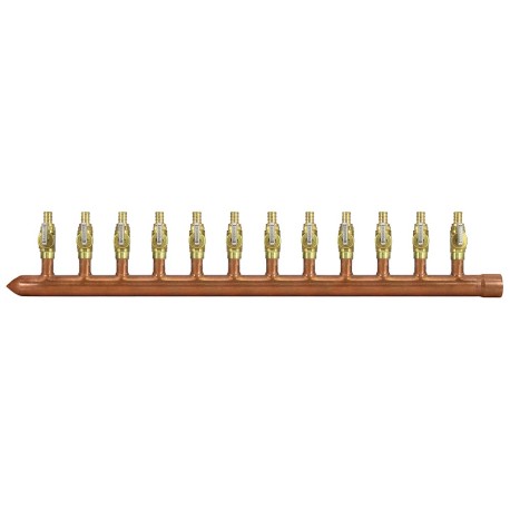 Sioux Chief 12-port Copper Manifold with 1/2" PEX Valves, 1" Sweat, Closed, Left-Hand