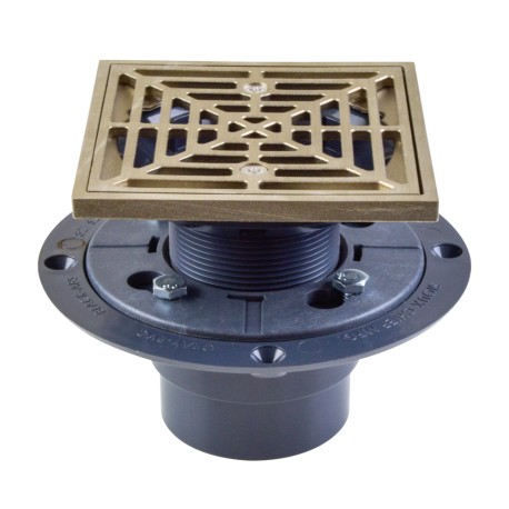 Sioux Chief Square PVC Shower Tile/Pan Drain w/ Brushed Bronze Strainer, 2" Hub x 3" Inside Fit (less test plug)