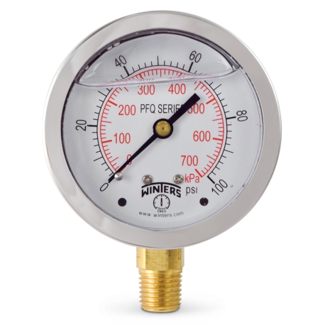 Winters 0-100 psi Liquid Filled Pressure Gauge, 2-1/2" Dial, 1/4" NPT