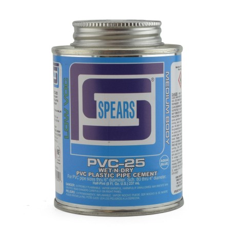 Spears 8 oz (1/2 pint) Wet-N-Dry Primerless PVC Cement w/ Dauber, Med Body, Very-Fast Set, Aqua Blue